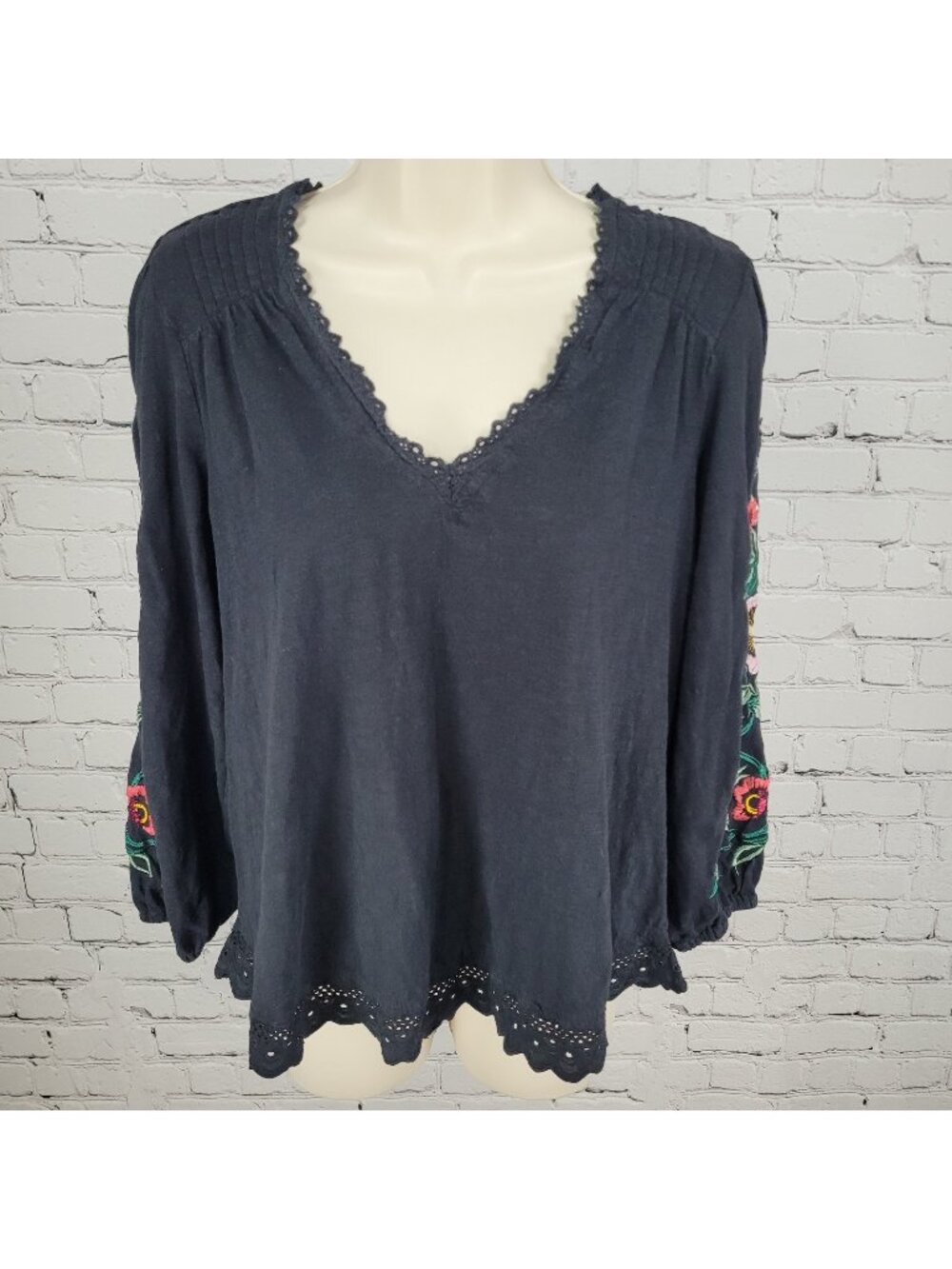 By Anthropologie Black Cotton Floral Embroidered 3/4 Sleeve Boho Top Small S